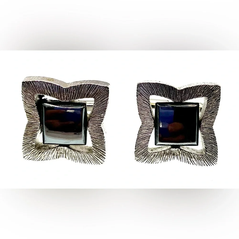3 got $30 Vintage Textured Silver Tone Cufflinks Shiny Black Center Gem